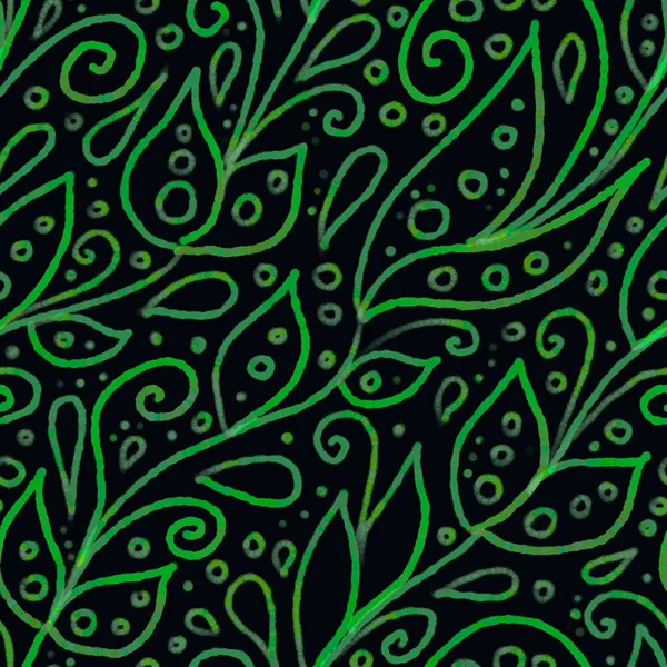 Hand-drawn abstract floral seamless pattern. green outline texture on dark black background consists of leaves, circles, dots, swirls and drops. Wrapping paper, scrapbooking, textile — Stock Photo, Image