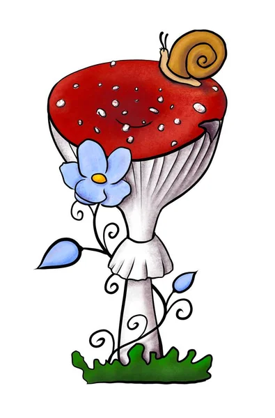 Ilustração de agaric da mosca com flor na grama verde. Cogumelo venenoso desenhado à mão com caracol e pontos na tampa vermelha e anel isolado no branco. Linda amanita muscaria cresce em florestas e florestas. — Fotografia de Stock