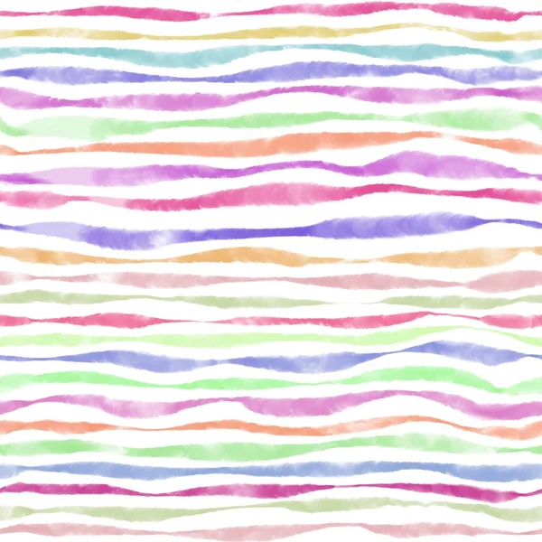 Watercolor seamless pattern of multicolored horizontal lines on white background. Hand drawn texture of thick and thin stripes bright pastel colors. Simple transparent colorful for tablecloth, fabric — Stock Photo, Image