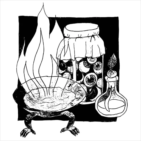 Composizione di simboli di stregoneria di Halloween in bianco e nero: fuoco magico, fiaschetta con elisir e vaso con occhi. Elementi alchemici della medicina chimica. illustrazione disegnata a mano in quadrato isolato — Vettoriale Stock