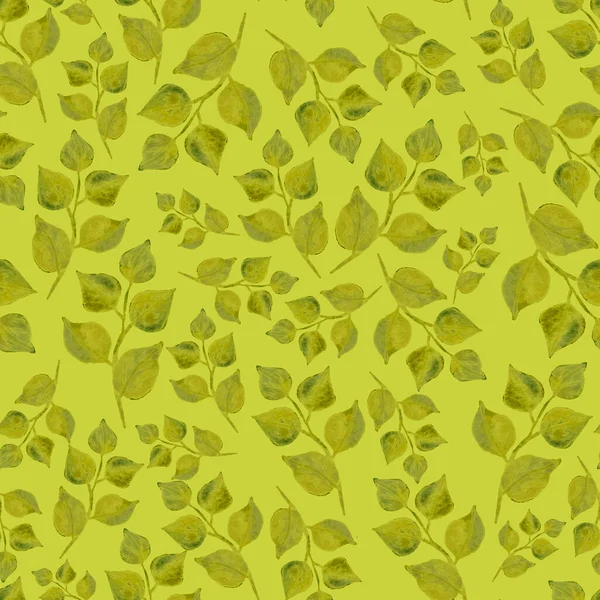 Seamless pattern of leaves. Watercolor dark leafy twigs isolated on light green background. Hand drawn round pointed foliage. Perfect for wrapping paper, textile and backdrop. — Stock Photo, Image