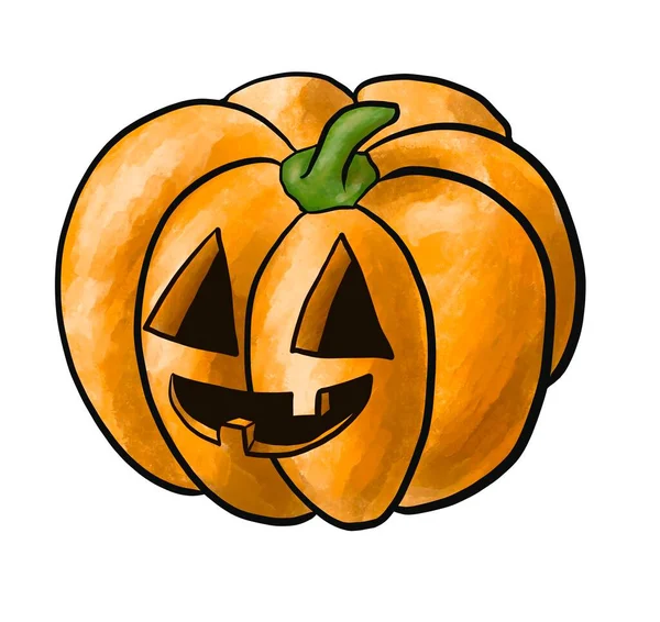 Calabaza para halloween, ilustración naranja de la cabeza de gato o linterna con ojos tallados, nariz y boca, sonriendo con dientes. Oscuro adentro. Símbolo de la fiesta. Decoración, invitación, impresión, etiqueta — Foto de Stock