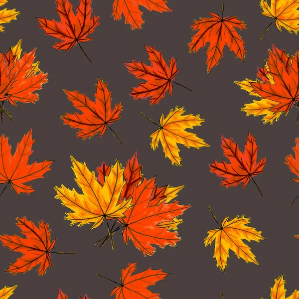 Ahorn hinterlässt nahtlose Muster auf dunklem Hintergrund. Herbstliches Laub von Laubbäumen, die auf der Oberfläche liegen. Herbstsaison orange rot gelb Blatt zufällig platziert. Druck, Textilien, Packpapier, Scrapbooking — Stockfoto