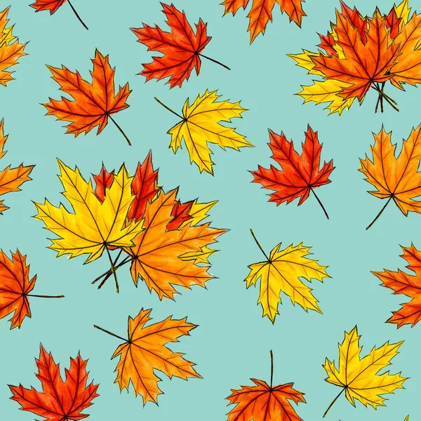 Ahorn hinterlässt nahtlose Muster auf hellblauem Hintergrund. Herbstliches Laub von Laubbäumen, die auf der Oberfläche liegen. Herbst Saison orange rot gelb Blatt zufällig platziert — Stockfoto