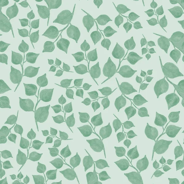 Бесшовный рисунок листьев. Акварель зеленая на светлом фоне. Круглая заостренная листва. Идеально подходит для упаковки бумаги, текстиля и фона. — стоковое фото