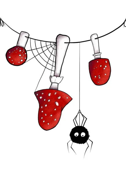 Seamless border line. Mushrooms on rope with web and spider. Set of redcap fly agarics hanging on thread as garland with cobweb and spider isolated. Decoration for halloween, witch and wizard house