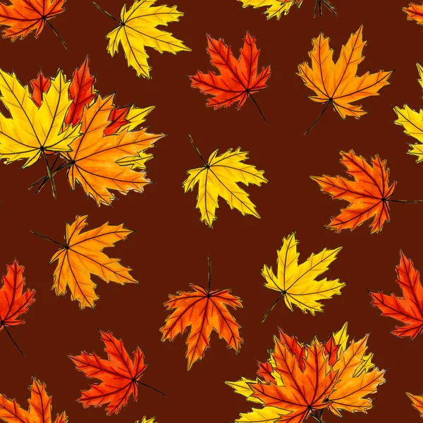 Ahorn hinterlässt nahtlose Muster auf braunem Hintergrund. Herbstliches Laub von Laubbäumen, die auf der Oberfläche liegen. Herbstsaison orange rot gelb Blatt zufällig platziert. Druck, Textilien, Packpapier, Scrapbooking — Stockfoto