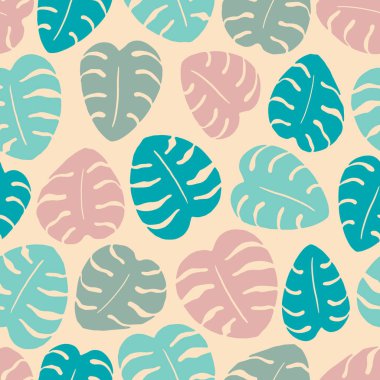 Canavar, vektör desenini kusursuz bırakır. Tropikal çiçeklerin güzel büyük yaprakları ya da pastel renkte ev bitkileri. Kumaş ve tekstil, ambalaj kağıdı ve yapıştırma kitabı dekorasyonu üzerine yazdır, 