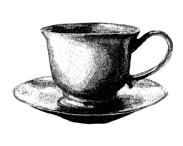 Texturierte Teetasse und Untertasse mit schwarzer Grafik. Raffinierter Porzellanbecher und -teller vorhanden. Vektor-Illustration Geeignet für Tee, Kaffee, Medizin, Speisekarte von Restaurants, Café, Cafeteria — Stockvektor