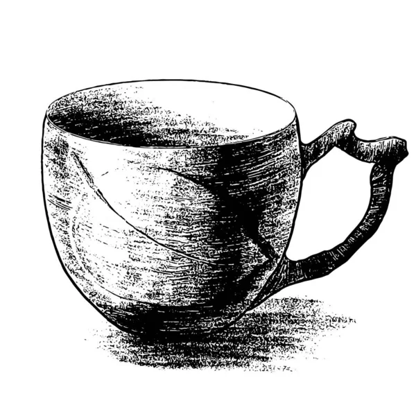 Gráfico negro texturizado Amplia taza con silueta de hoja. Ilustración vectorial de taza de cerámica de té o café con follaje grabado para menú de restaurante, cafetería, cafetería — Archivo Imágenes Vectoriales