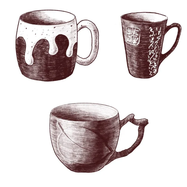 Set van drie Monochrome grafische getextureerde cups. Potlood illustraties van keramische mokken van thee of koffie voor menu van restaurant, koffieshop, cafetaria. Handgetekende Hatchwork shading geïsoleerd op wit — Stockfoto