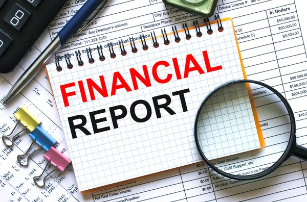 Text Financial Report Notepad Calculator Clips Pen Financial Report Business — Stock Photo, Image