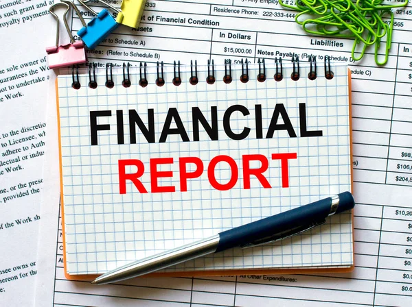 Notatnik Tekstem Financial Report White Background Paper Clips Pen Działalność — Zdjęcie stockowe
