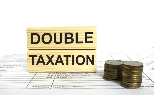 Dřevěný Jenga Textem Double Taxation Finanční Konzept — Stock fotografie