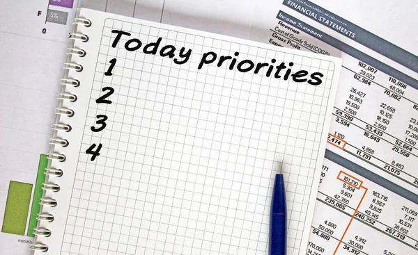 Text Today Priorities Financial Planning Notebook Business Finance Concept — Stock Photo, Image