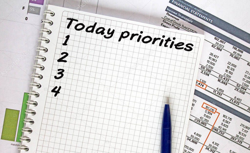 Text Today Priorities. Financial planning on notebook, business and finance concept.