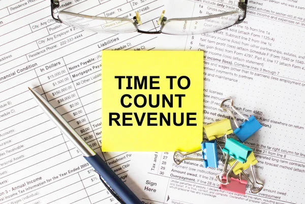 Yellow Sticker Text Time Count Revenue Next Blue Pen Colored — Stock Photo, Image