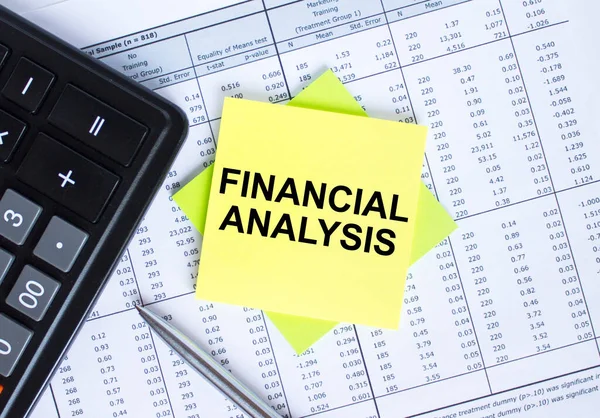 Sticker Text Financial Analysis Lying Financial Tables Calculator Metal Pen — Stock Photo, Image