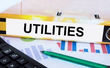 Finansal diyagramlarda yeşil kalem ve hesap makinesiyle yer alan klasördeki metin araçları. İş ve mali konsept