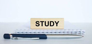 Metal mavi kalemle bir not defterinin üzerinde duran Jenga tahtası üzerinde çalışma kelimesi. İş konsepti fotoğrafı