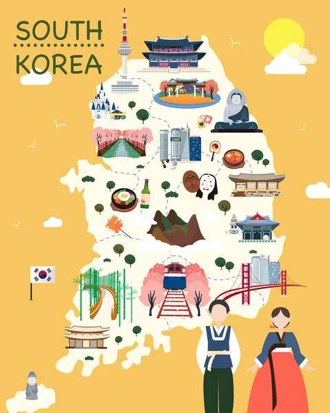 Mapa Corea Atracciones Vector Ilustración — Vector de stock