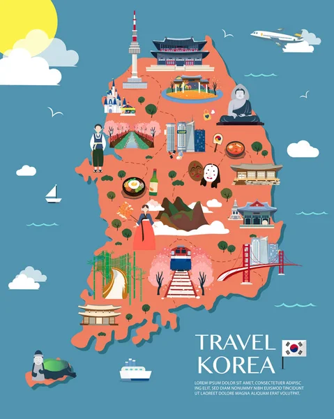 Mapa Corea Atracciones Vector Ilustración — Vector de stock