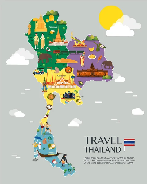 Thailand Map Colorful Landmarks Illustration Design — Stock Vector