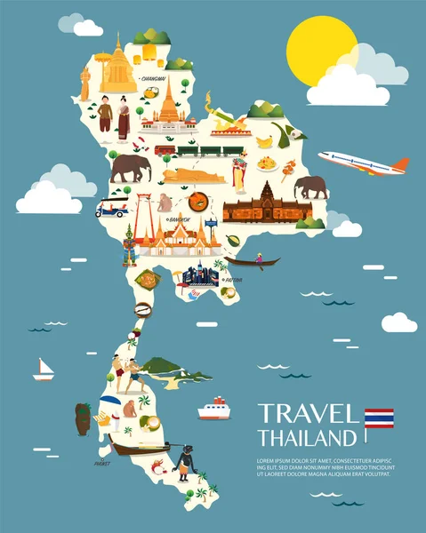 カラフルなランドマーク イラスト デザイン タイ地図 — ストックベクタ