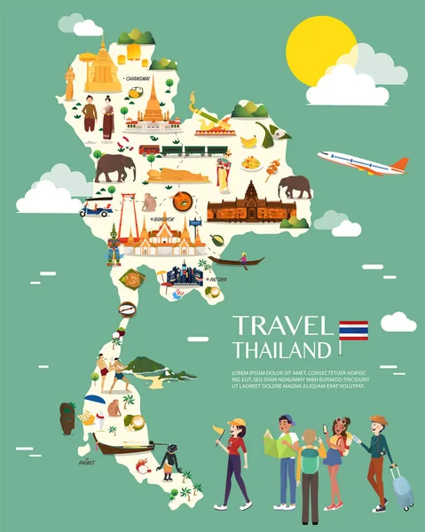 Tailândia Mapa Com Marcos Coloridos Ilustração Design — Vetor de Stock