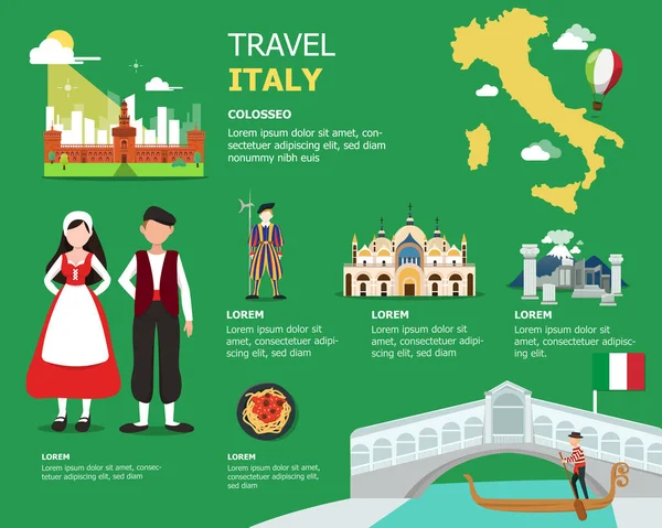 Podróż Włoch Przez Ilustracja Mapa Atrakcji Tego Miejsca — Wektor stockowy
