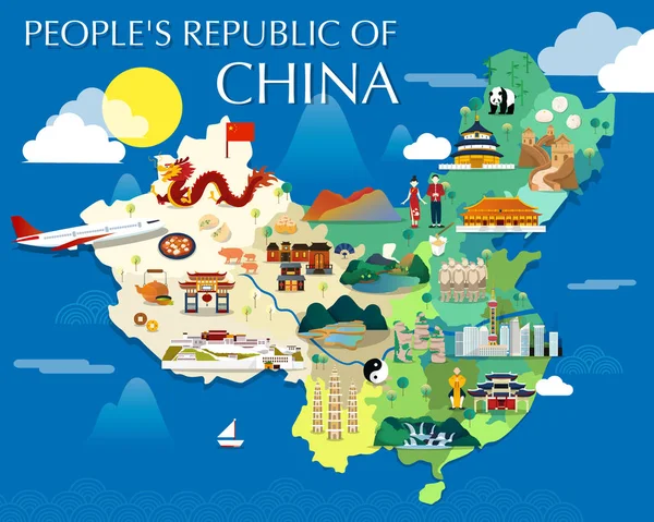 Mappa Della Cina Attrazioni Vettoriale Illustrazione — Vettoriale Stock