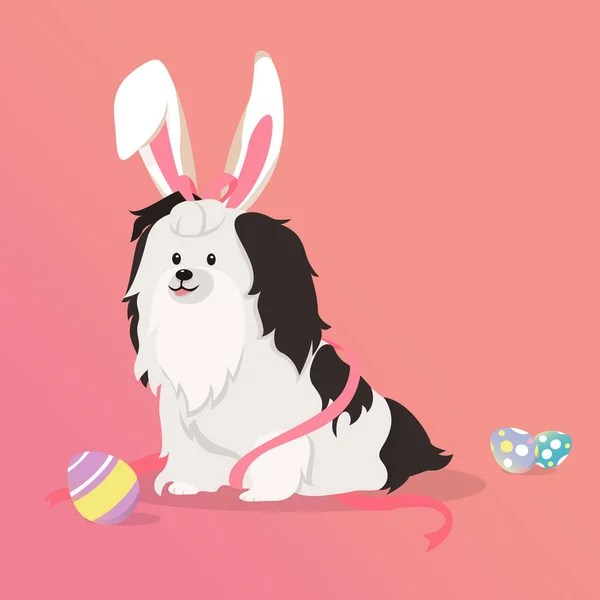 Perro como liebre de Pascua con huevos de Pascua . — Vector de stock