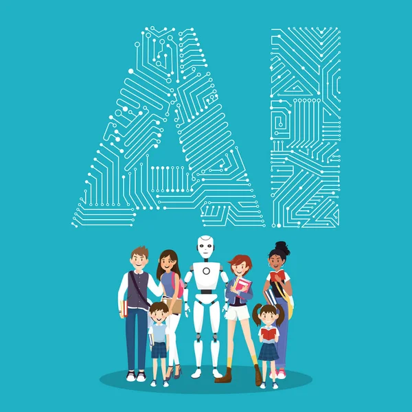 Personaje del robot y la gente en concepto de inteligencia artificial . — Vector de stock