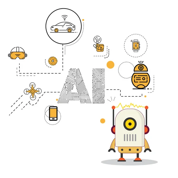 Robot con paquete de iconos de inteligencia artificial — Vector de stock