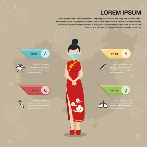 Απεικόνιση Των Πληροφοριών Για Τον Επιδημιών Κινέζες Μεταμφιεσμένες Γυναίκες Φορούν — Διανυσματικό Αρχείο