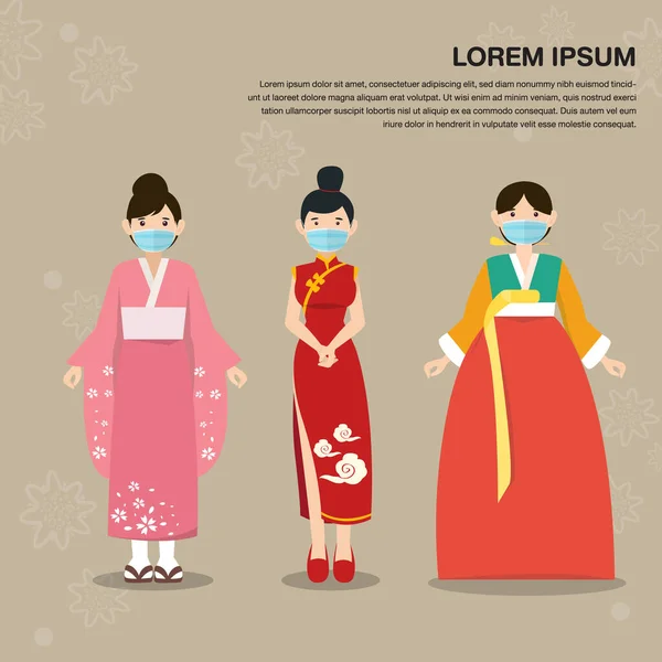 Εικονογράφηση Επιδημιών Ιός Information Asian Εθνική Φορεσιά Γυναίκες Φορούν Μάσκα — Διανυσματικό Αρχείο