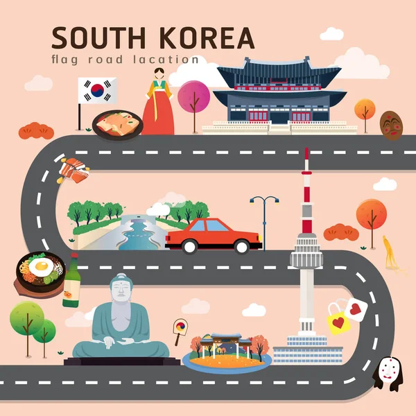 Routekaart Reisroute Zuid Korea — Stockvector