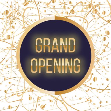 Büyük açılış köpüklü afiş. Metin tipografi altın su sıçramalarına ve kurdeleler ile. Altın parıldıyor. Zarif stili. Vektör çizim