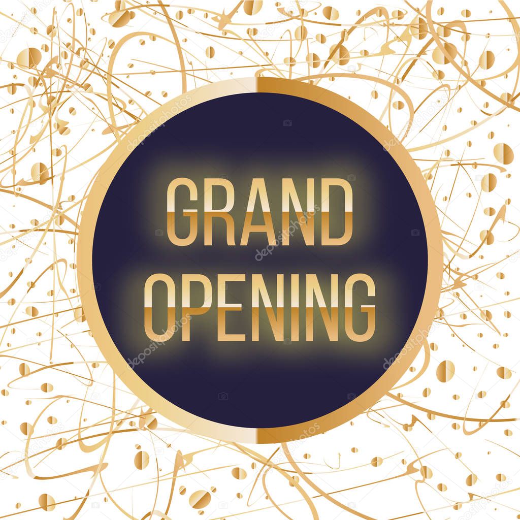 Grand opening sparkling banner. Text typography with golden splashes and ribbons.Gold sparkles. Elegant style. Vector Illustration
