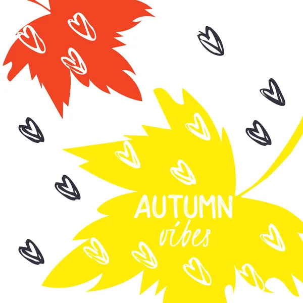 秋天叶子与文字在手被画的背景。抽象模板。明亮的平的秋天叶子。海报, 卡片, 标签, 横幅设计。秋季共鸣排版报价。矢量插图 — 图库矢量图片