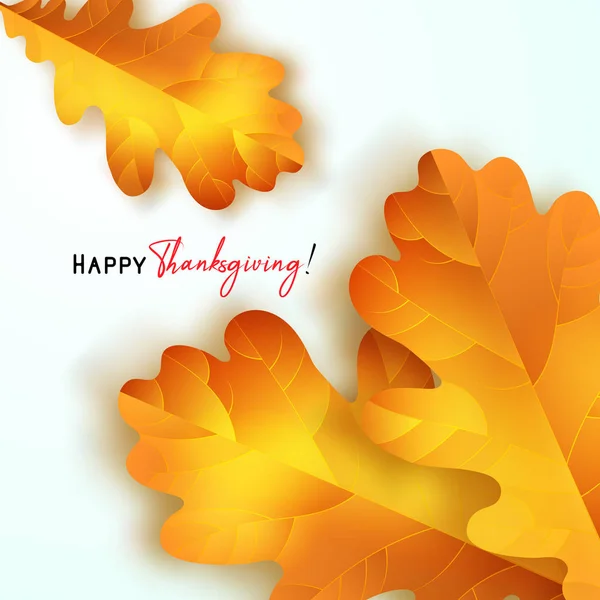 Διάνυσμα Ευχαριστιών ευχετήρια κάρτα με το χέρι, επιγραφή ετικέτα - Απολαύστε την ημέρα των ευχαριστιών - και το φθινόπωρο ρεαλιστική δρύινα φύλλα σε μπλε φόντο. — Διανυσματικό Αρχείο