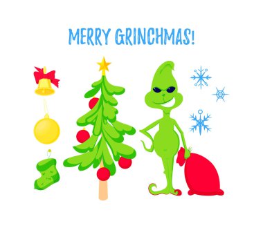 Christmas character set. Xmas tree, stockings, socks, balls, bell and green elf clipart