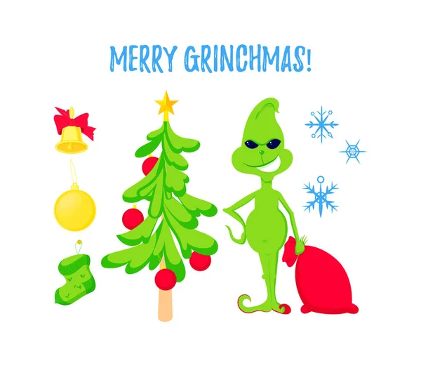 Jeu de caractères de Noël. Arbre de Noël, bas, chaussettes, boules, cloche et elfe vert — Image vectorielle