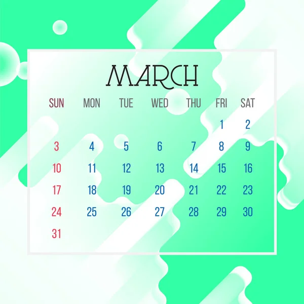Kalenderblatt März 2019 - Illustration. Vektorgrafik-Seite mit abstraktem Hintergrund türkis — Stockvektor
