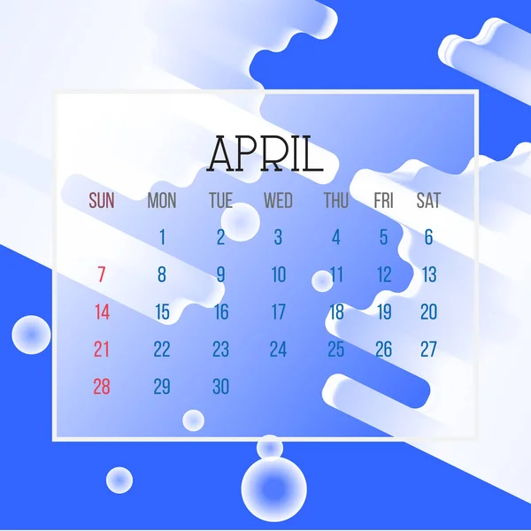Duben 2019 kalendář list - ilustrace. Vektorové grafické stránce s abstraktní pozadí modré barvy — Stockový vektor