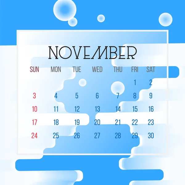 Kalenderblatt November 2019 - Illustration. Vektorgrafik Seite mit abstraktem Hintergrund blaue Farbe — Stockvektor