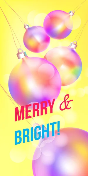 Χαρούμενα Χριστούγεννα και Ευτυχισμένο το νέο έτος ευχετήρια κάρτα πολύχρωμο ολογραφική μπιχλιμπίδι στολίδι, σύγχρονη νέον διαβαθμίσεις χρώματος αλουμινίου. Διακοπών νύχτα εικονογράφηση στο φουτουριστικό λάμψη στυλ. Χαρούμενα και φωτεινά φράση — Διανυσματικό Αρχείο