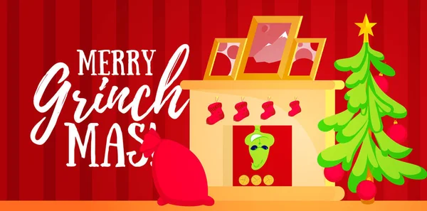Chambre de Noël avec arbre, cheminée et cadeaux en sac rouge. Grinch grimpe la cheminée dans la cheminée . — Image vectorielle