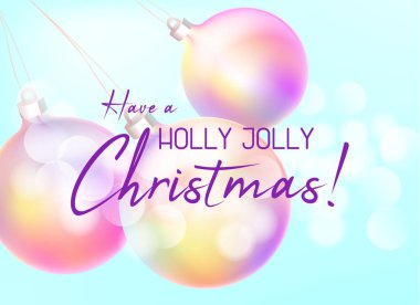 Holografik baubles veya topları için Noel köknar ağacı bokeh arka plan üzerinde Noel tebrik kartı. İfade sahip bir holly mutlu Noeller 