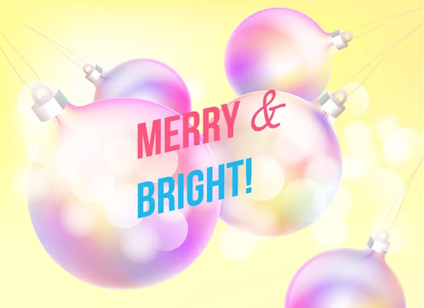Joyeux Noël et bonne année carte de vœux de décoration colorée boule holographique, moderne dégradés de couleur feuille de néon. Illustration de nuit de vacances dans un style futuriste. Joyeux et lumineux phrase — Image vectorielle